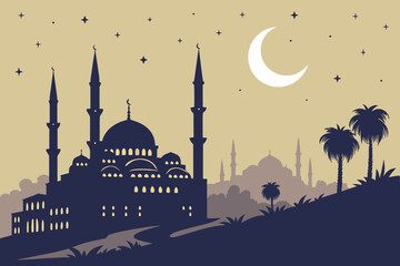 Silhouettes of mosques and minarets under a crescent moon with stars in the night sky isolated on transparent background, isolated on white background, Vector
