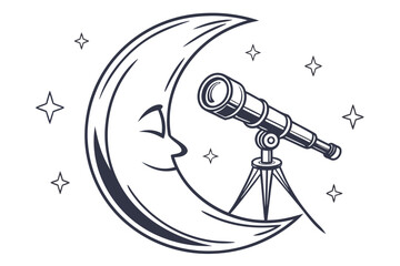 Astronomer gazing through a telescope at the moon in a starry night sky isolated on transparent background, isolated on white background, Vector