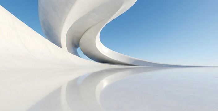 A futuristic, minimalist architectural landscape features smooth white curves and a reflective surface under a clear blue sky.