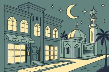 A whimsical illustration of a moonlit street with buildings and a crescent moon. isolated on transparent background, isolated on white background, Vector