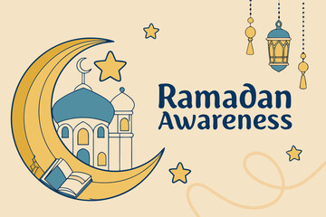 Ramadan awareness poster featuring a crescent moon and lanterns isolated on transparent background, isolated on white background, Vector