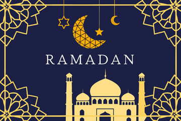 Ramadan mubarak with mosque, crescent moon, and stars on a gold background isolated on transparent background, isolated on white background, Vector