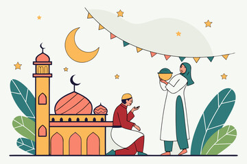 Children playing in front of a mosque during the night of power. isolated on transparent background, isolated on white background, Vector