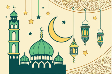 A vibrant and detailed illustration of a mosque with crescent moons and stars isolated on transparent background, isolated on white background, Vector