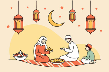 A family celebrating eid al fitr with lanterns and traditional clothing isolated on transparent background, isolated on white background, Vector