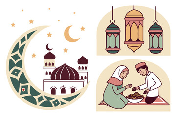 A vibrant illustration of a mosque with crescent moon and stars isolated on transparent background, isolated on white background, Vector