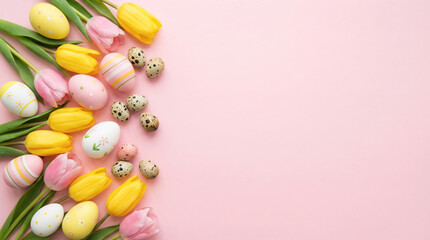Obraz premium Colorful Easter eggs and tulips arranged on a pink background, featuring decorative patterns and small speckled quail eggs for a festive spring theme