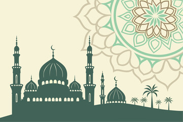 Intricate geometric patterns and silhouettes of mosque buildings against a sunset sky isolated on transparent background, isolated on white background, Vector