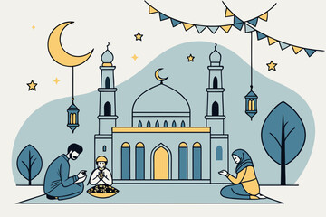 A vibrant mosque illuminated at night with colorful lanterns and crescent moon decorations isolated on transparent background, isolated on white background, Vector