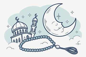 A whimsical illustration of a crescent moon and stars with a string of pearls isolated on transparent background, isolated on white background, Vector