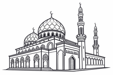 A detailed illustration of a mosque with a large dome and minarets isolated on transparent background, isolated on white background, Vector