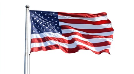 Waving American Flag on Flagpole with Clear Blue Sky Background Captured in High Resolution for Stock Use