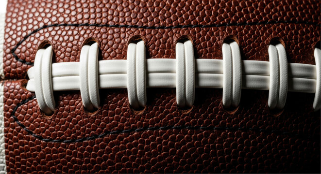 Extreme macro shot of rugged, pebbled brown american football leather texture and bright white stitching on a stark white studio background, high contrast, concept for professional sports advertising