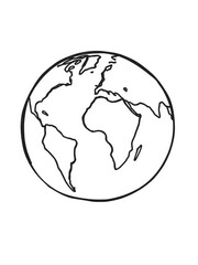 Simple hand-drawn globe doodle with continents outlined in black ink on a white background,  graphic,  concept