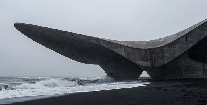 A dramatic brutalist concrete structure with undulating forms stands on a black sand beach as waves crash under a moody gray sky.
