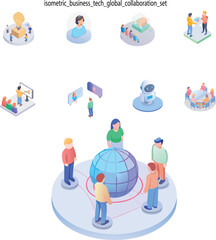Isometric Illustration Set of Business Teamwork, Global Networking, and AI Technology
