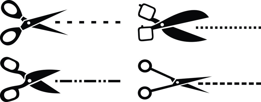  scissors cutting perforated lines vector set