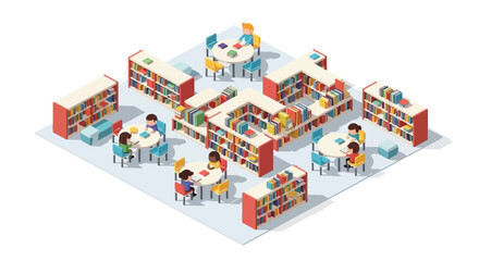 Isometric illustration of a vibrant library scene with students studying and bookshelves surrounding them in a colorful environment viewed from above © Chimoetya_images
