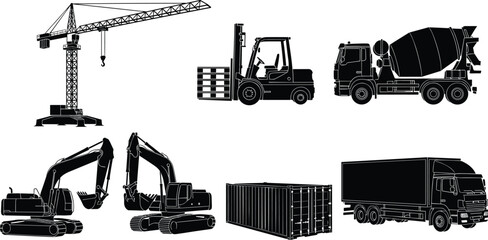 Heavy construction machinery vector silhouette illustration including truck crane excavator