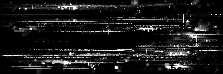 Fototapeta premium Digital glitch texture with pixelated noise effect. Vector realistic illustration of abstract video rewind pattern on black screen background, static noise overlay, retro tv display, signal distortion