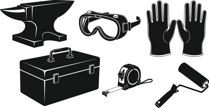 Industrial safety gear vector silhouette illustration with toolbox goggles and paint roller