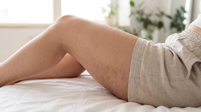 Woman's leg with cellulite resting on bed in natural light setting  