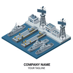Isometric Illustration of Naval Base with Ships. © Bunga