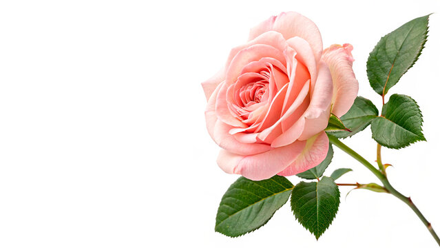 Pink rose flower with green leaves  isolated on transparent background cut out
