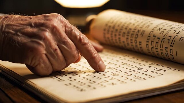 Elderly hand pointing at ancient Hebrew text on parchment in warm light for traditional religious study concept and cultural heritage