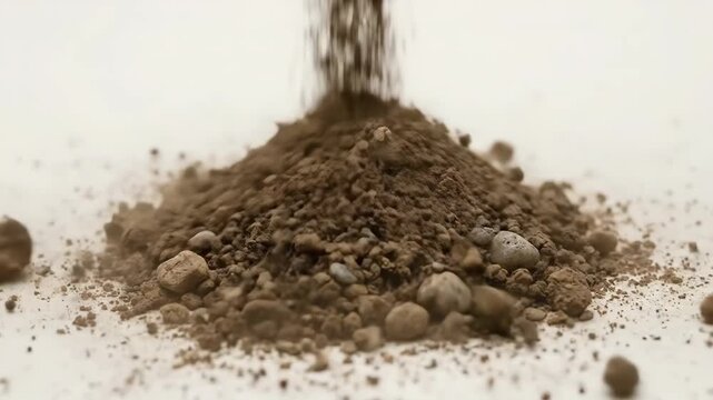 Pile of brown soil gradually formed as dirt is poured from above, showcasing the texture and composition of the earth in a clean, neutral setting
