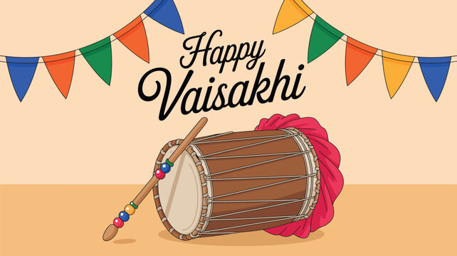 happy vaisakhi illustration with traditional dhol drum and festive bunting celebrating punjabi harvest festival, culture and joyful celebration