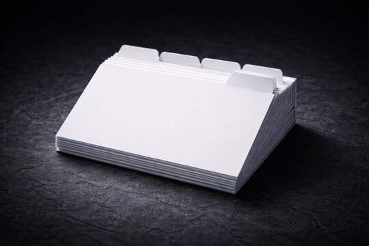 A stack of clean, white index cards with tab dividers arranged on a dark textured background. Concept of organization, filing, office supplies, and documentation.