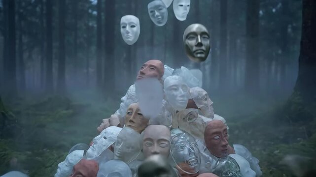 Collection of diverse human masks arranged in a pyramid shape on forest floor, with additional masks floating above in a misty woodland setting