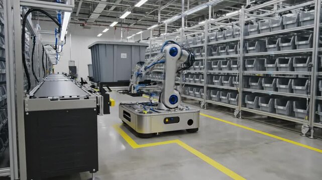 Automated robotic arms on mobile platforms in a modern factory warehouse setting