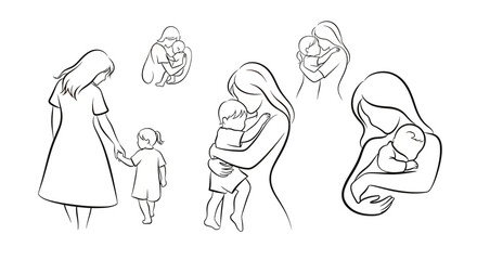 line drawing of mothers and their children in various poses and emotions  love and care