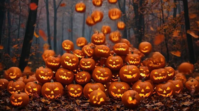 Floating carved pumpkins descend into a vibrant autumn forest, accumulating on the ground amidst fallen leaves, creating a festive Halloween atmosphere in a wooded setting