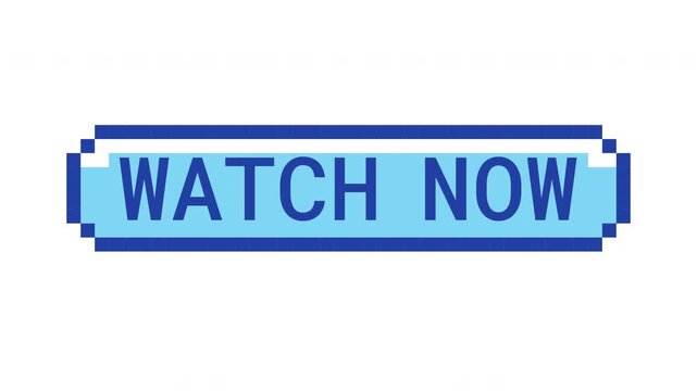 Watch now retro pixel button animation. Prompt to instant view video, livestream. Media play. Live stream. Animated 8-bit arcade-style CTA overlay. Classic game-inspired UI call-to-action