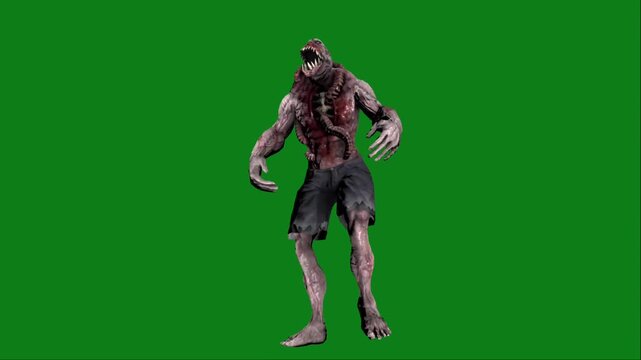 Terrifying zombie creature with open mouth and sharp teeth on green screen