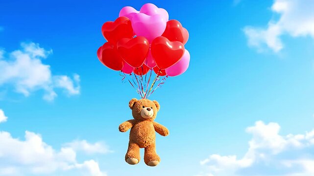Adorable brown teddy bear mascot floating high in a bright blue sky while holding a buoyant cluster of red and pink heart-shaped balloons.