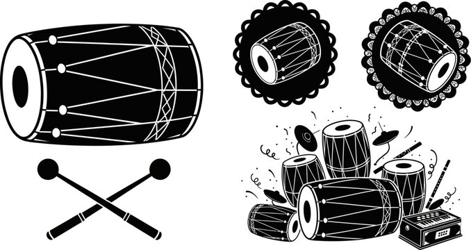 Indian musical instruments including drums and mallets on white background