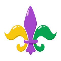 Mardi Gras fleur de lis icon in purple, gold, and green. Traditional carnival symbol Mardi Gras lily, isolated. © Mallva