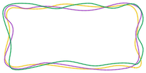 Mardi Gras border frame with wavy purple, green, and gold bead necklaces isolated on white. Festive carnival celebration background. © Mallva