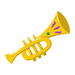 Golden Mardi Gras trumpet illustration with purple and green details. Festive brass instrument icon for carnival music isolated on white background. © Mallva