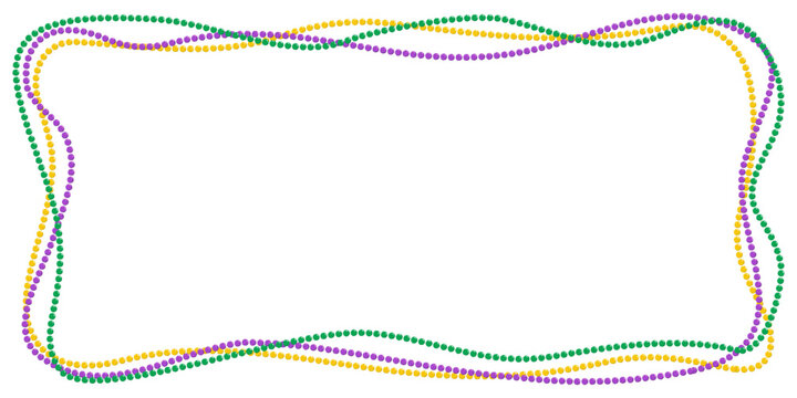 Mardi Gras border frame with wavy purple, green, and gold bead necklaces isolated on white. Festive carnival celebration background.
