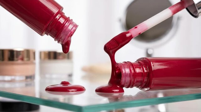 Two red nail polish bottles pouring liquid onto a glass surface, showcasing the flow of vibrant color with a blurred mirror and cosmetic containers in the background