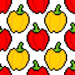 Seamless pattern with red bell pepper and yellow ball pepper pixel art 