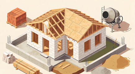 House under construction with concrete block walls, wooden roof frame, and building materials on site. Perfect for architecture, construction, or residential development visuals.