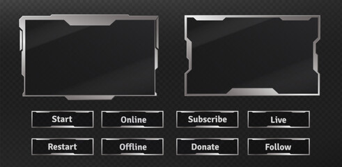 Futuristic ui HUD frames and tech buttons set isolated on transparent background. Vector realistic illustration of silver chrome web stream interface, design elements, metal borders for cyberpunk menu