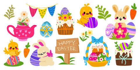 Fototapeta premium Easter bunny, chick and colored eggs cartoon elements, basket with cake, spring flowers in watering can or teapot, Happy Easter wooden signboard. Cute vector illustrations, funny baby animals design