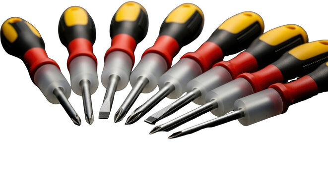 Row of insulated electricians screwdrivers with red and yellow handles on white background for tool banner or hardware store website